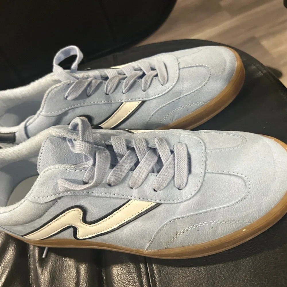 Madden Girl Light Blue Suede Sneakers with Cream Stripe and Gum Sole - Picture 9 of 12